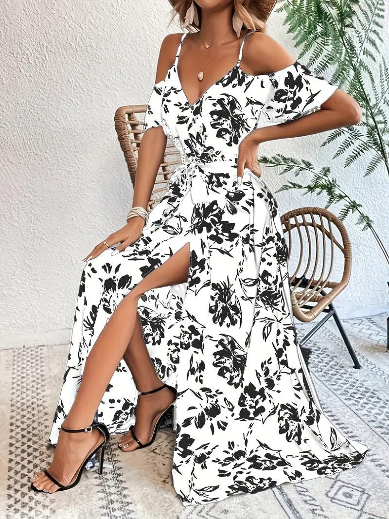 Ins Off-Shoulder Split Jurk Zomer Bloemenprint Rokstop Lange Jurk Met Tailleband Dames Strandkleding