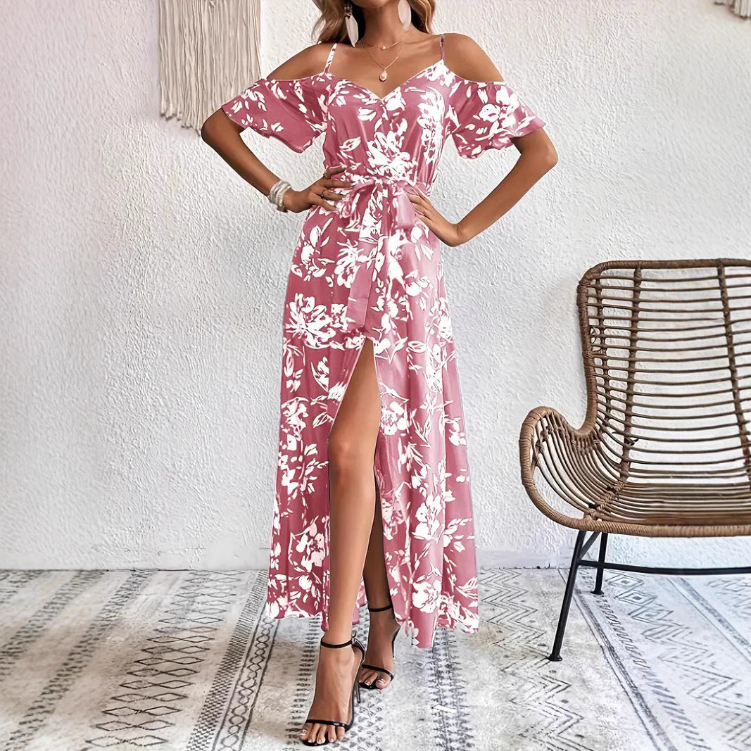Ins Off-Shoulder Split Jurk Zomer Bloemenprint Rokstop Lange Jurk Met Tailleband Dames Strandkleding