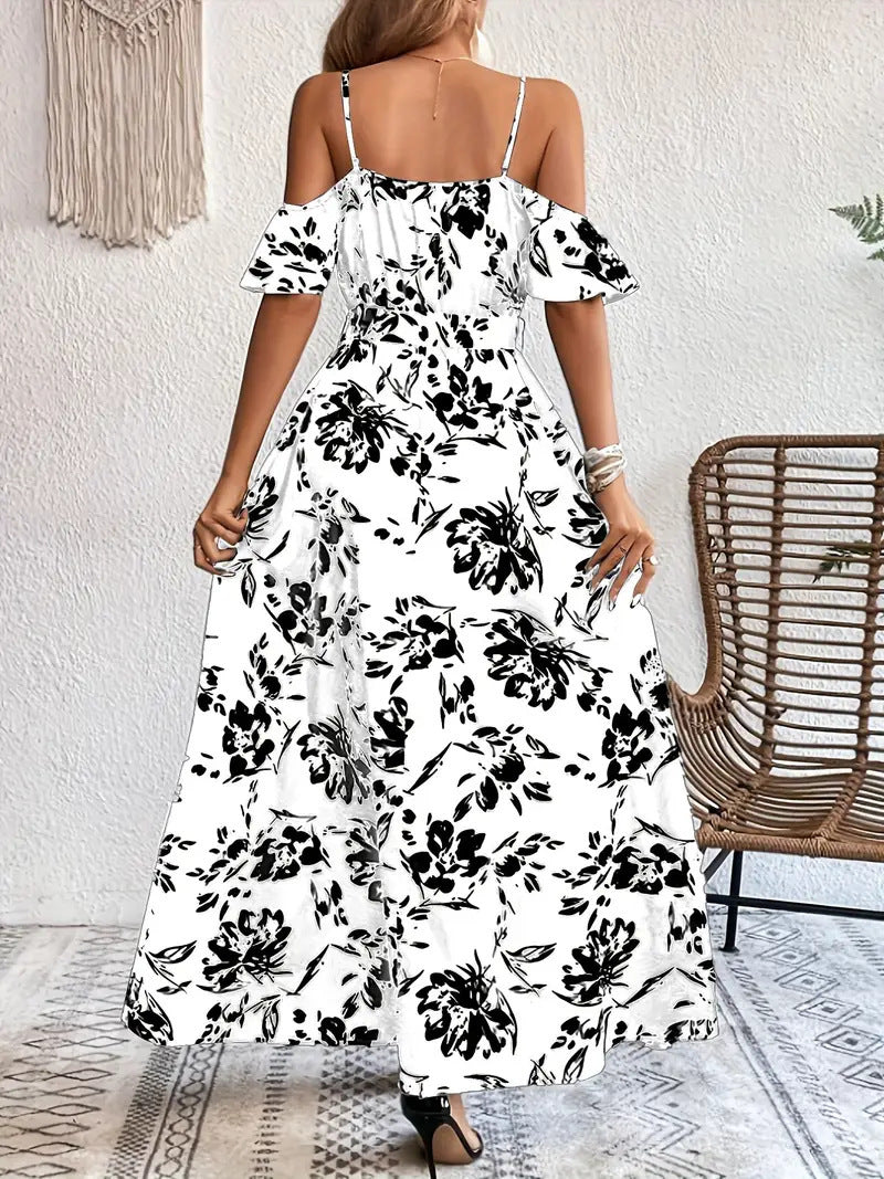 Ins Off-Shoulder Split Jurk Zomer Bloemenprint Rokstop Lange Jurk Met Tailleband Dames Strandkleding