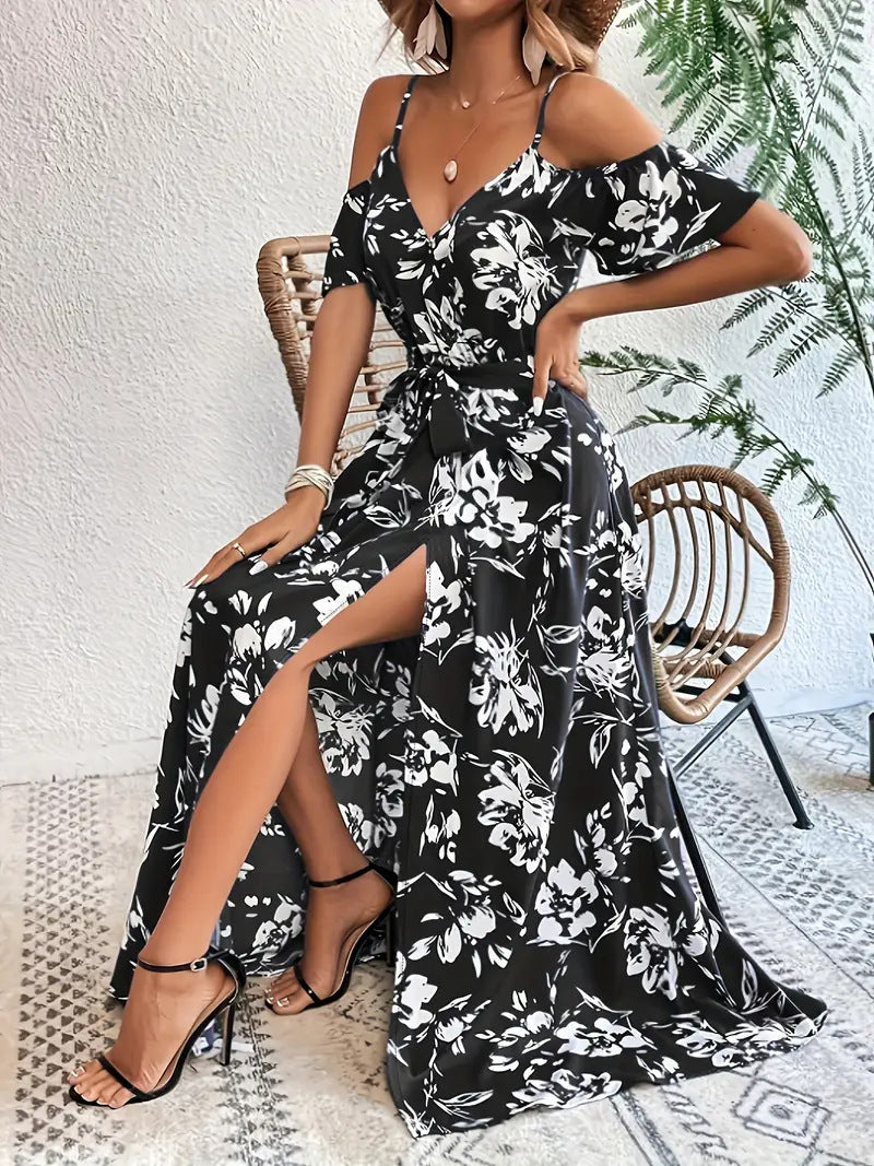 Ins Off-Shoulder Split Jurk Zomer Bloemenprint Rokstop Lange Jurk Met Tailleband Dames Strandkleding