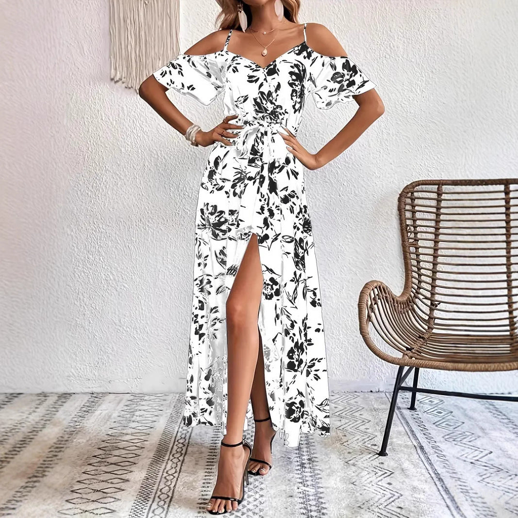Ins Off-Shoulder Split Jurk Zomer Bloemenprint Rokstop Lange Jurk Met Tailleband Dames Strandkleding