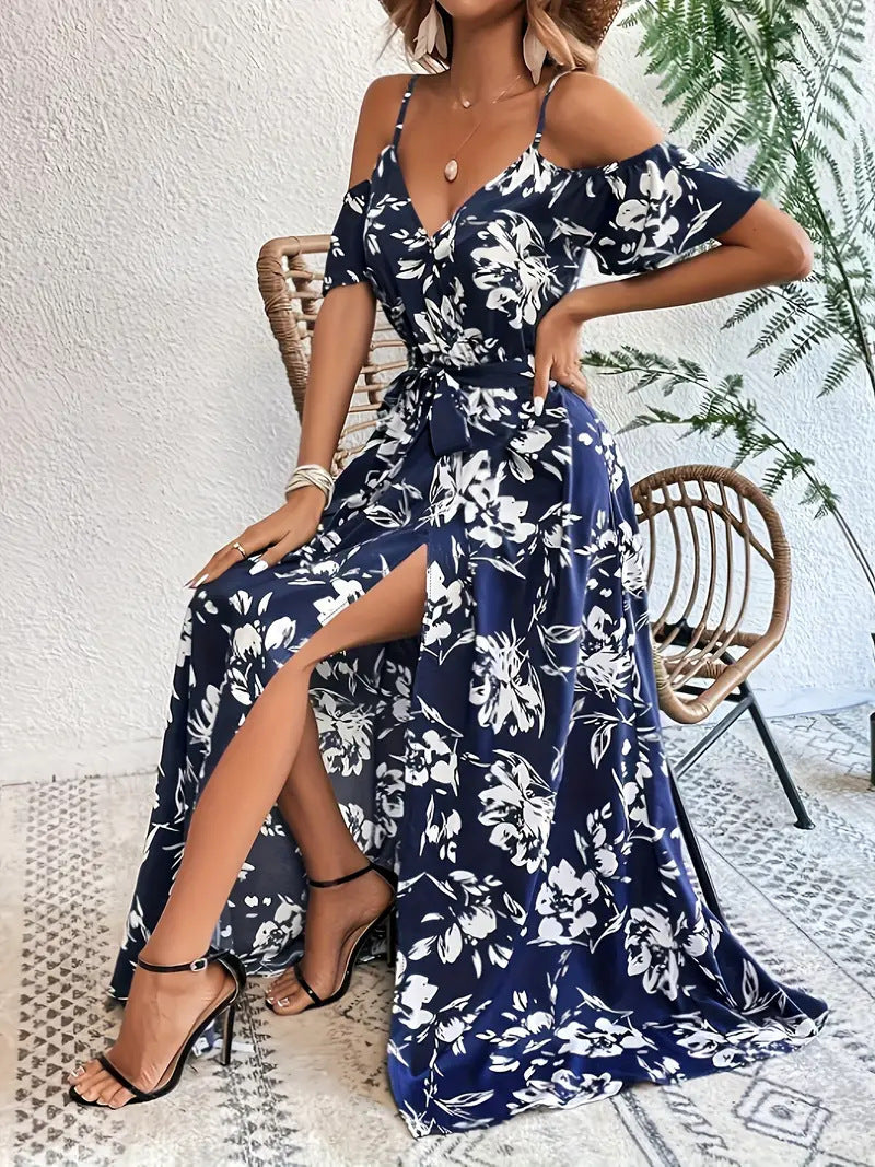 Ins Off-Shoulder Split Jurk Zomer Bloemenprint Rokstop Lange Jurk Met Tailleband Dames Strandkleding