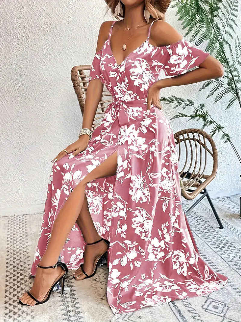 Ins Off-Shoulder Split Jurk Zomer Bloemenprint Rokstop Lange Jurk Met Tailleband Dames Strandkleding