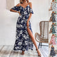 Ins Off-Shoulder Split Jurk Zomer Bloemenprint Rokstop Lange Jurk Met Tailleband Dames Strandkleding