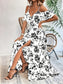 Ins Off-Shoulder Split Jurk Zomer Bloemenprint Rokstop Lange Jurk Met Tailleband Dames Strandkleding