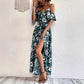 Ins Off-Shoulder Split Jurk Zomer Bloemenprint Rokstop Lange Jurk Met Tailleband Dames Strandkleding