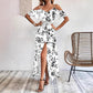 Ins Off-Shoulder Split Jurk Zomer Bloemenprint Rokstop Lange Jurk Met Tailleband Dames Strandkleding